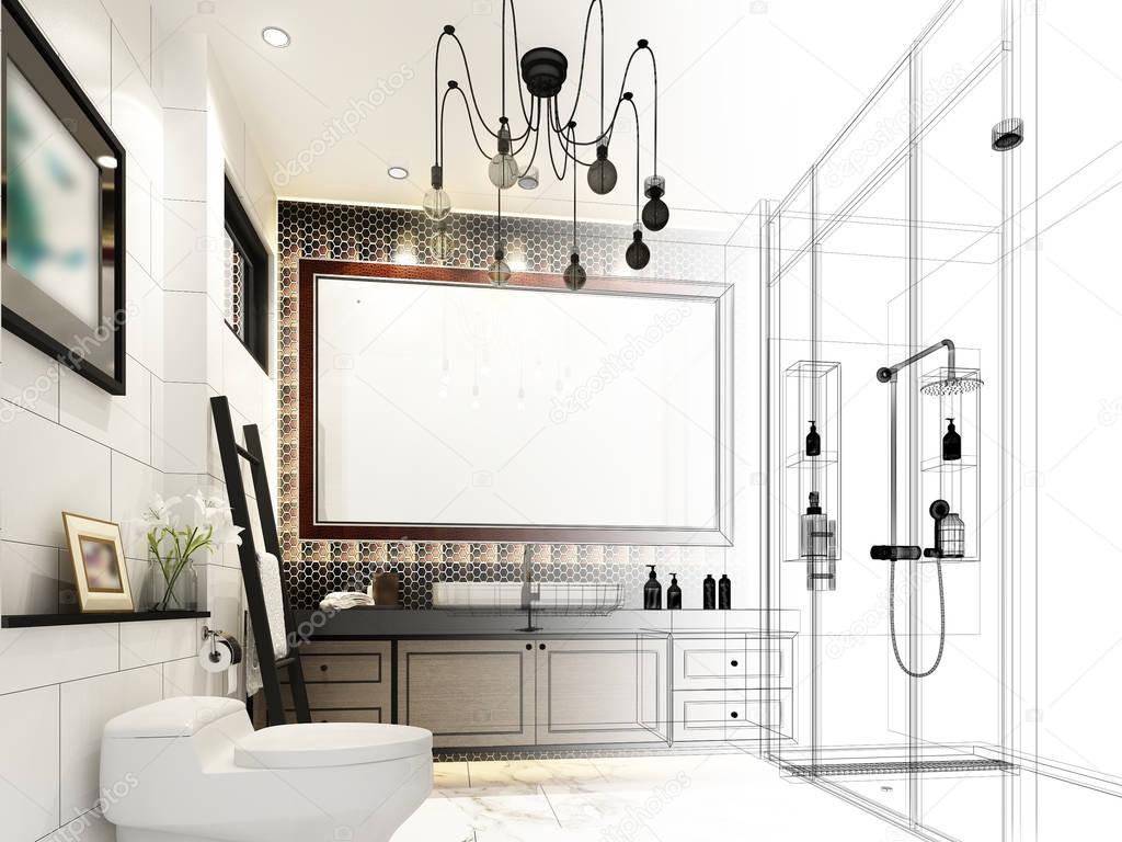 abstract sketch design of interior bathroom ,3d rendering