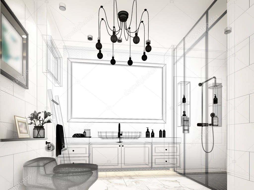 abstract sketch design of interior bathroom ,3d rendering