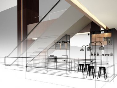 coffee shop, 3d render tasarım kroki 