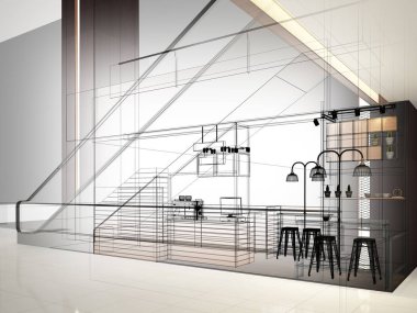 coffee shop, 3d render tasarım kroki 
