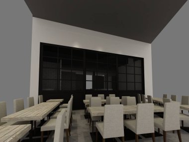 Restaurant, 3d tel çerçeve render tasarım kroki 