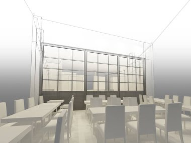 Restaurant, 3d tel çerçeve render tasarım kroki 