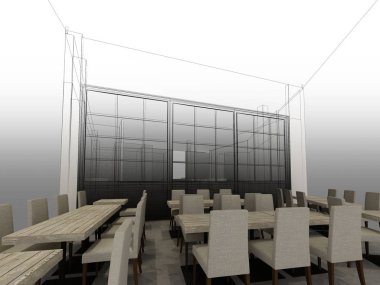 Restaurant, 3d tel çerçeve render tasarım kroki 