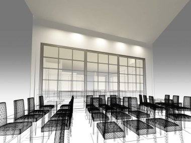 Restaurant, 3d tel çerçeve render tasarım kroki 