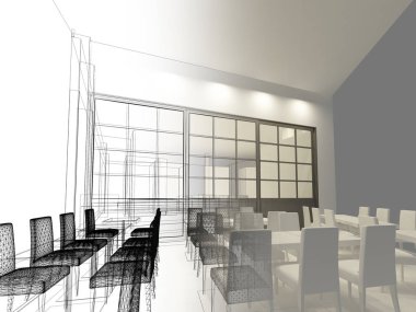 Restaurant, 3d tel çerçeve render tasarım kroki 