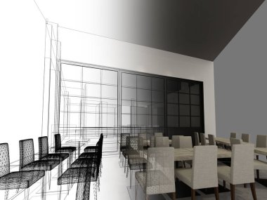 Restaurant, 3d tel çerçeve render tasarım kroki 