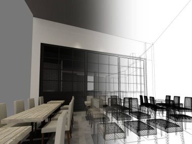 Restaurant, 3d tel çerçeve render tasarım kroki 