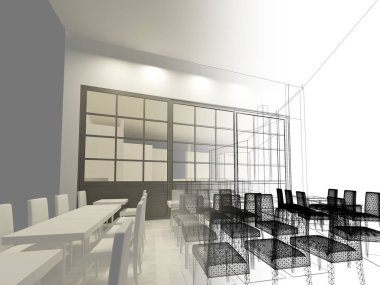 Restaurant, 3d tel çerçeve render tasarım kroki 