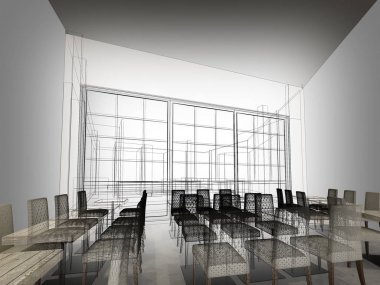 Restaurant, 3d tel çerçeve render tasarım kroki 
