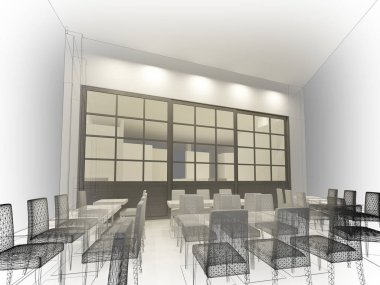 Restaurant, 3d tel çerçeve render tasarım kroki 