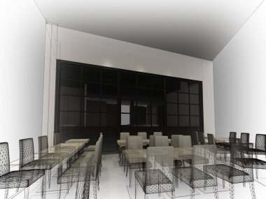 Restaurant, 3d tel çerçeve render tasarım kroki 