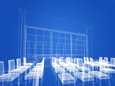 Restaurant, 3d tel çerçeve render tasarım kroki 