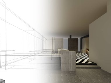 Restaurant, 3d tel çerçeve render tasarım kroki 