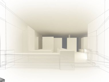 Restaurant, 3d tel çerçeve render tasarım kroki 