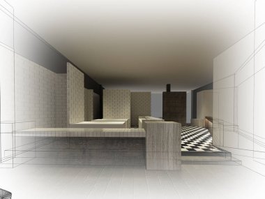 Restaurant, 3d tel çerçeve render tasarım kroki 
