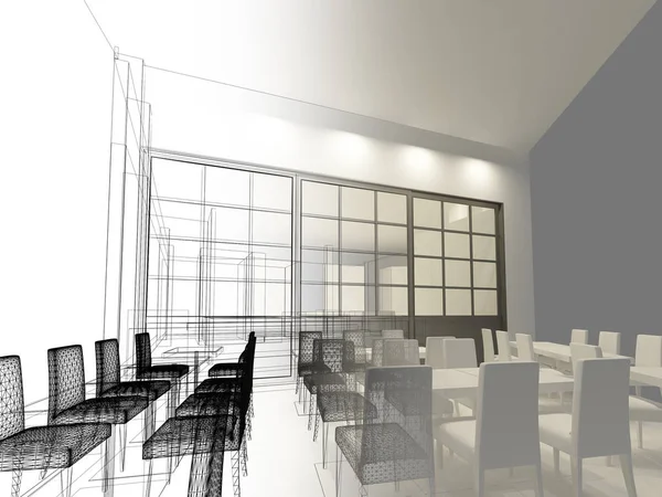 Restaurant, 3d tel çerçeve render tasarım kroki 