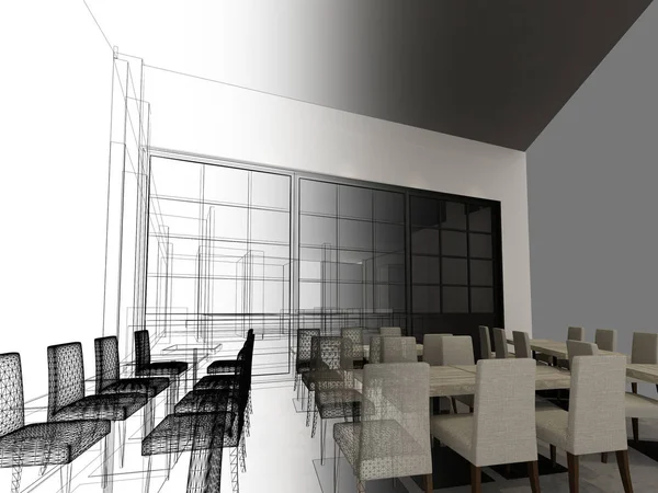 Restaurant, 3d tel çerçeve render tasarım kroki 