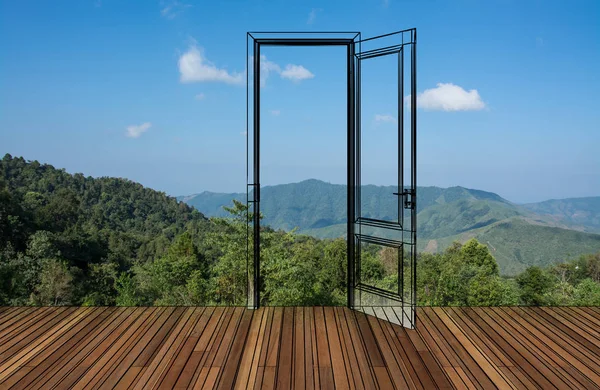 Landscape behind the opening door — Stock Photo, Image