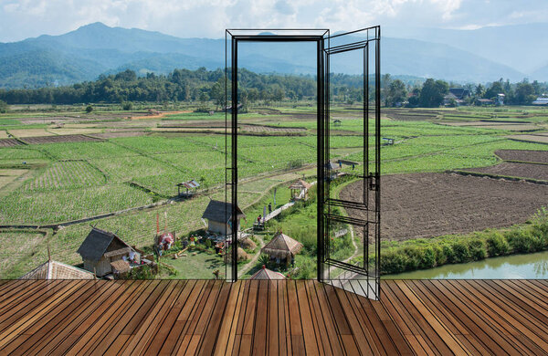 Landscape behind the opening door