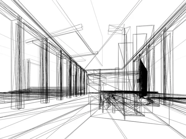 Szkic projektu wnętrza hali, renderowanie 3d — Zdjęcie stockowe