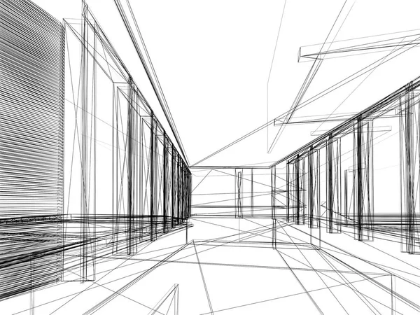 Schets van interieur hal, 3d rendering — Stockfoto