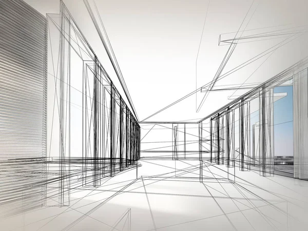 Disegno schizzo della sala interna, rendering 3d — Foto Stock