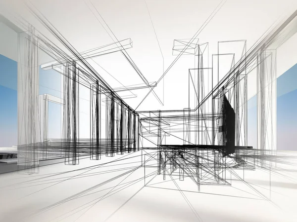 Ескіз дизайну інтер'єру залу, 3d візуалізація — стокове фото