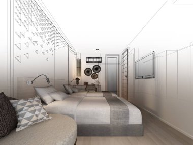 soyut kroki tasarım iç yatak odası, 3d render