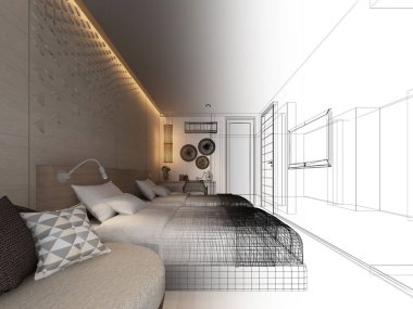 soyut kroki tasarım iç yatak odası, 3d render