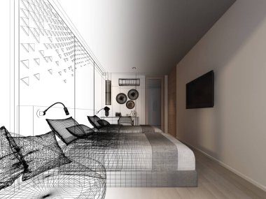 soyut kroki tasarım iç yatak odası, 3d render