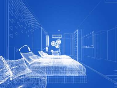 soyut kroki tasarım iç yatak odası, 3d render