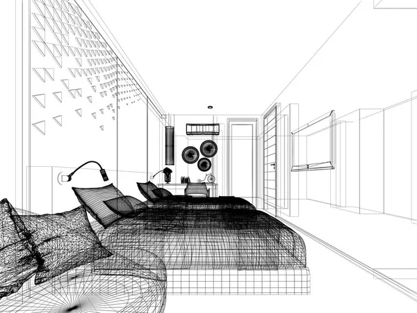 Diseño abstracto del boceto del dormitorio interior, representación 3d —  Fotos de Stock