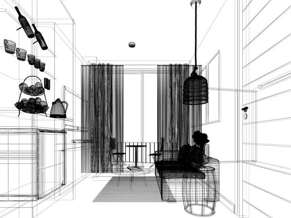 Ескіз дизайну інтер'єру вітальні 3d візуалізація — стокове фото