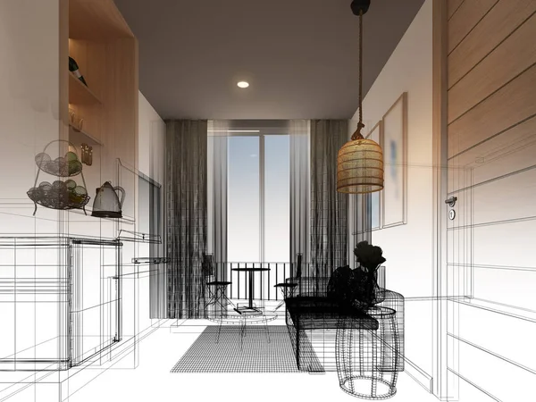 Skica design interiéru obývacího pokoje, 3D vykreslování — Stock fotografie