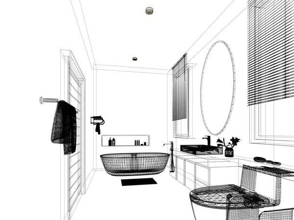 Abstraktní skica design interiérové koupelny, 3D vykreslování — Stock fotografie