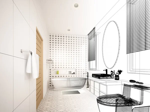 Abstrakcyjny szkic projekt łazienki wnętrza, renderowanie 3d — Zdjęcie stockowe