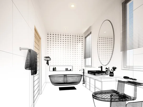 Abstraktní skica design interiérové koupelny, 3D vykreslování — Stock fotografie