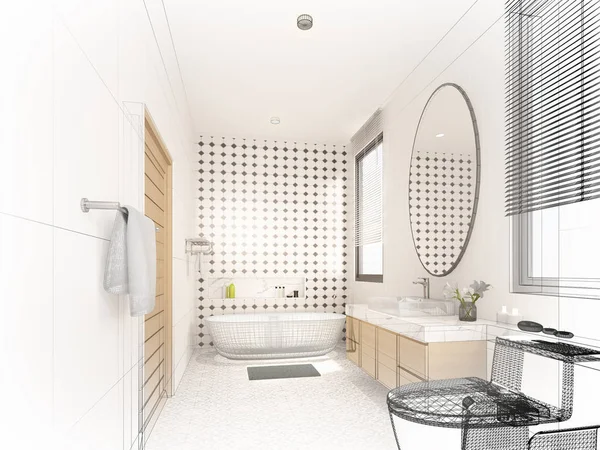 室内浴室的抽象草图设计, 3D渲染 — 图库照片