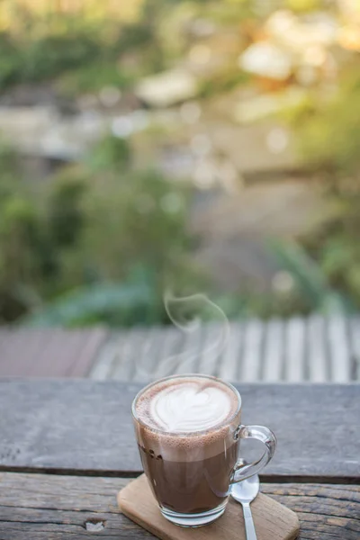 Coffee Cup Wooden Table Nature Landscape Background — Stock Photo, Image