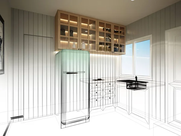 abstract sketch design of interior kitchen ,3d rendering