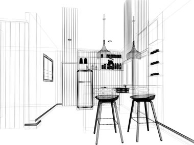 İç kilerlerin soyut çizim tasarımı, 3D görüntüleme 