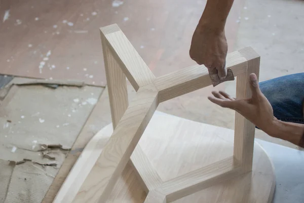 Utilisation Bois Planche Frottement Papier Verre Pour Fabrication Table Meubles — Photo