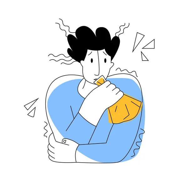 Vector flat illustration with abstract emaciated man who has panic attack and is breathing into bag.