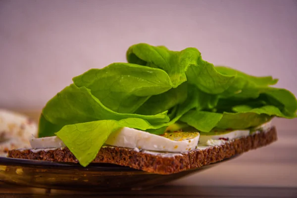 Breakfast with green leaf lettuce with white flavored cheese on whole grain bread
