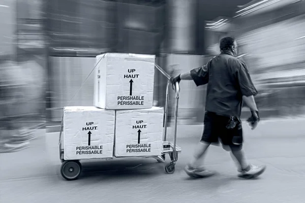 Delivery with dolly by hand in monochrome blue tonality — Stock Photo, Image
