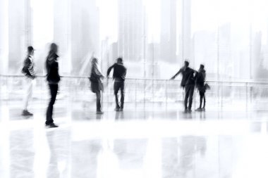 group of people in the lobby business center in monochrome blue  clipart