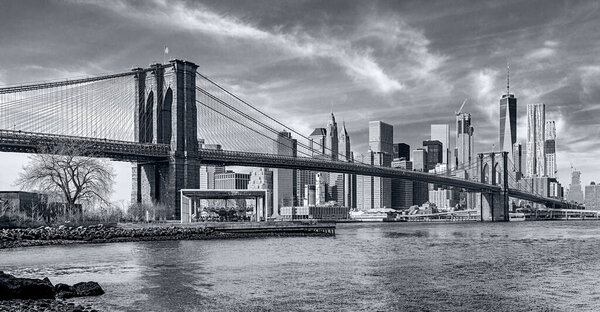 Daytime panorama view of the New York City Manhattan in monochrome blue tonality