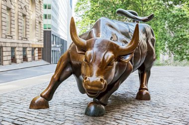 New York City, ABD - 12 Haziran 2015: Manhattan 'ın tarihi finans bölgesinde Wall Street Bull' un yakın görüntüsü