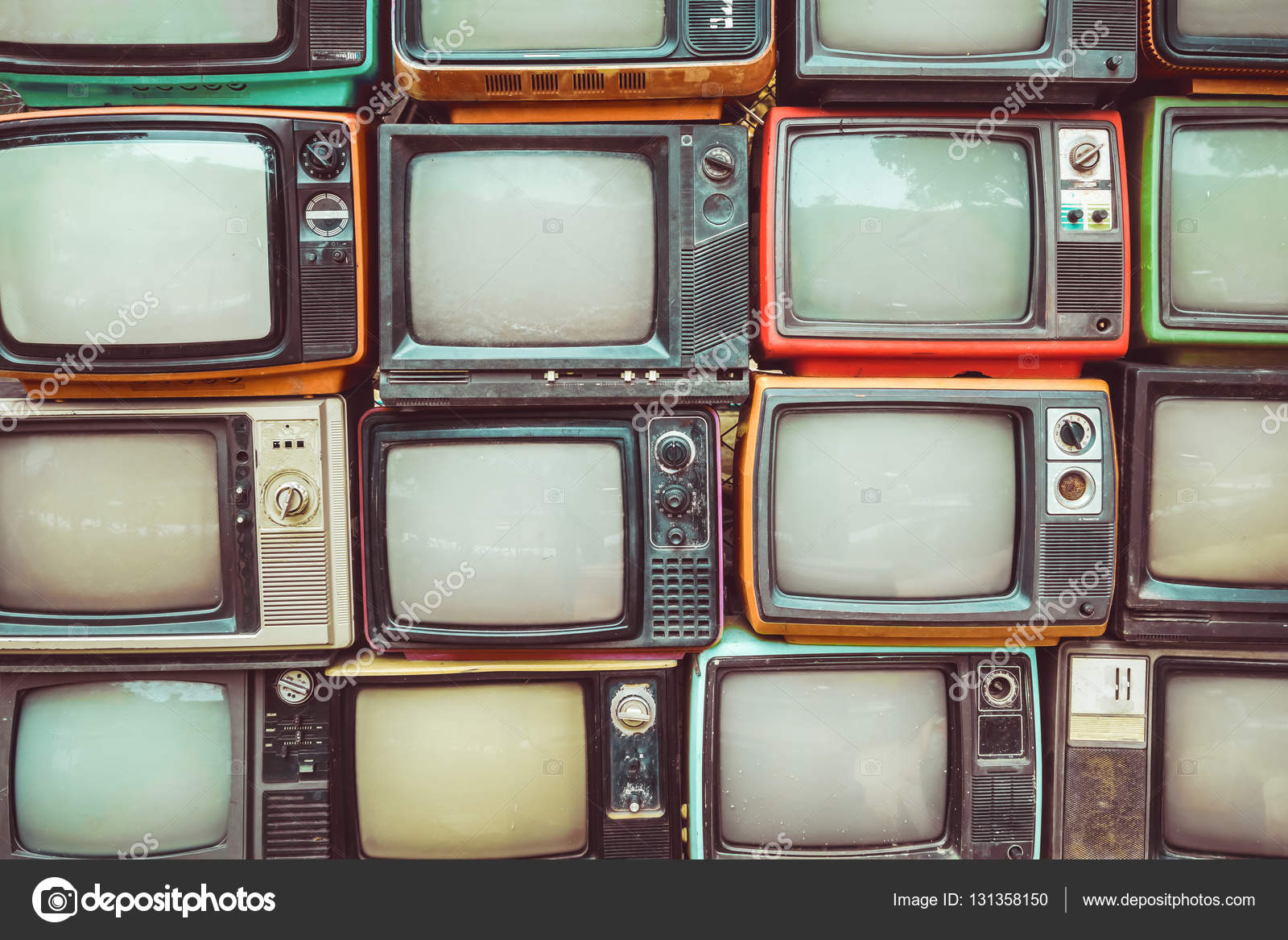 Wall of pile colorful retro television Stock Photo by ©jakkapan 131358150