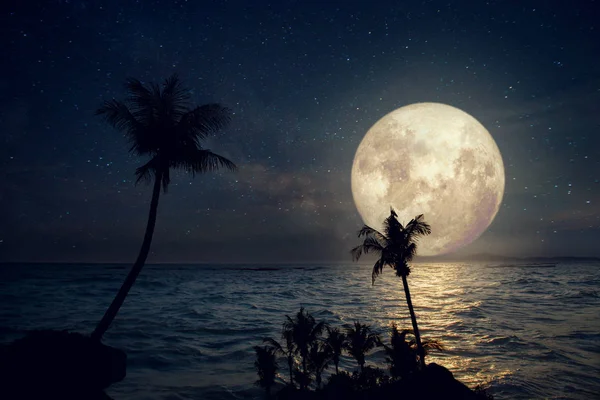 Strand mit Milchstraßenstern und Vollmond am Nachthimmel — Stockfoto